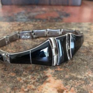 Vintage Taxco Mexico 950 Silver Black Stone TM-181 Bracelet